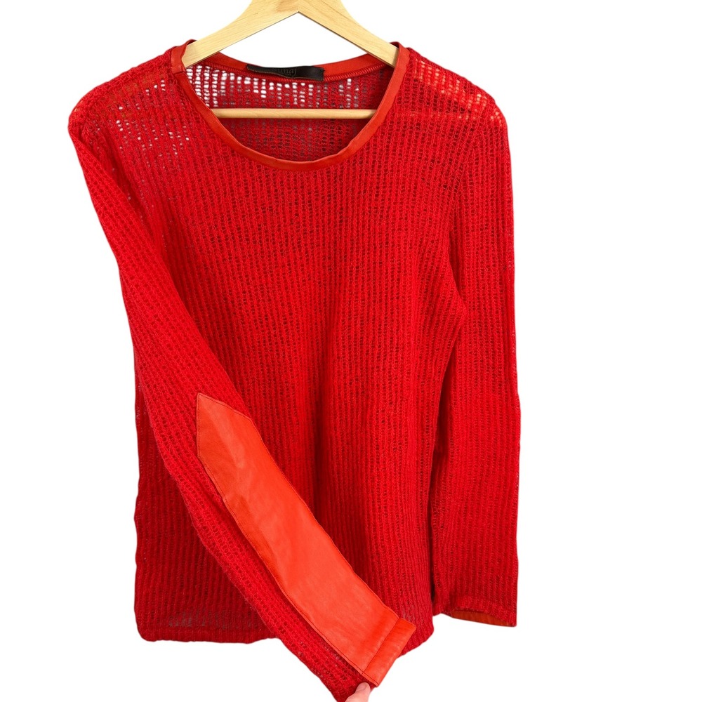 Sunaj Open Knit Sweater Red Sheer Long Sleeve Lightweight Elbow Patches Est Med